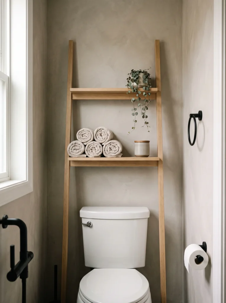 Warm grey plaster toilet room with oak leaning ladder shelf over the toilet holding rolled towels and a trailing plant