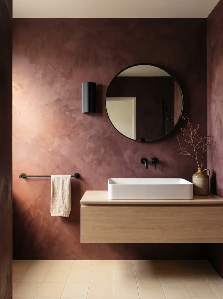 burgundy microcement walls with round black mirror, black fluted sconce, oak floating vanity, and cream floor tiles