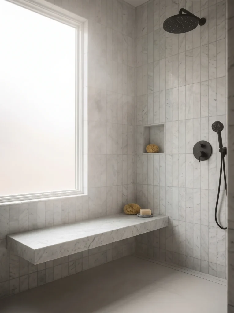 Shower clad in vertical stacked Carrara marble tile with a floating marble bench, recessed niche and matte black fixtures