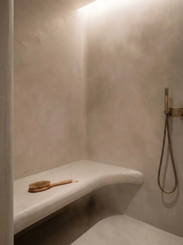 cream microcement shower with curved built in bench, light slot above and aged brass hand shower