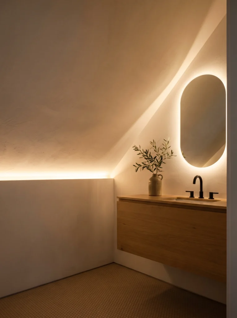 Dimly lit upstairs bathroom with a concealed LED cove light washing warm light up the slanted ceiling, oval backlit mirror and oak floating vanity