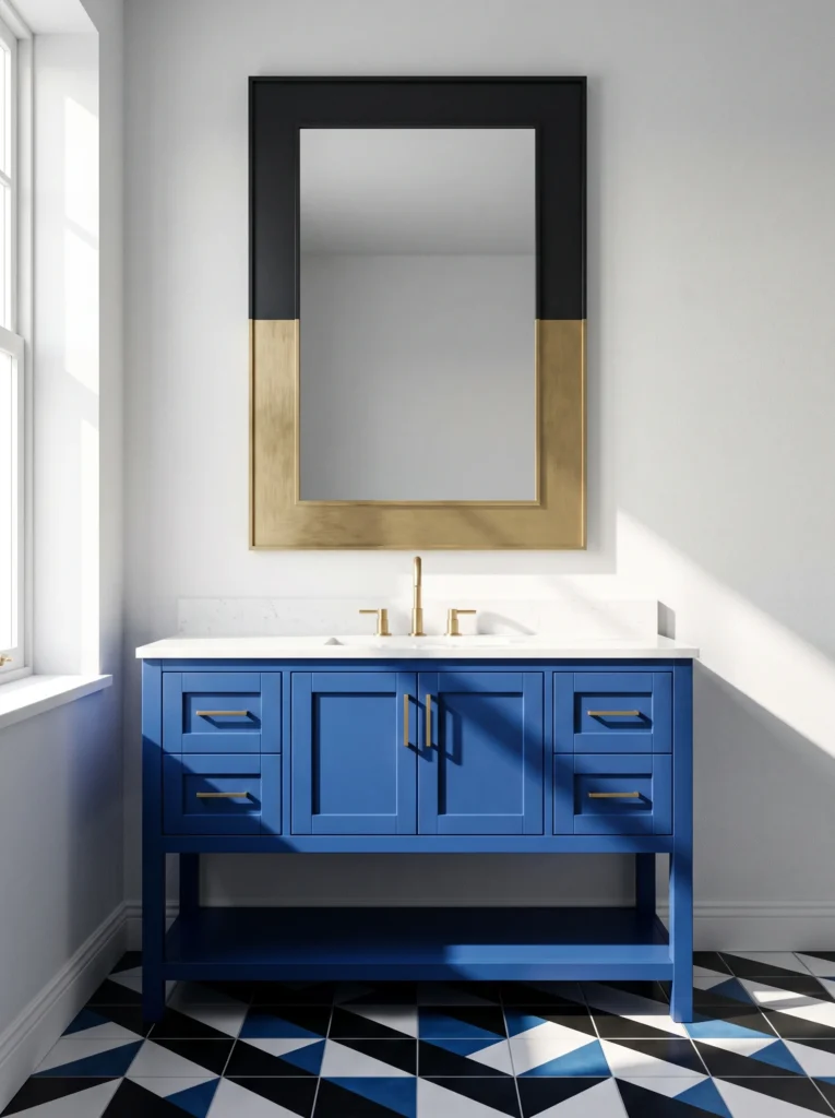 rectangular mirror with a black top half and brushed brass bottom half above a cobalt blue vanity with geometric floor tile