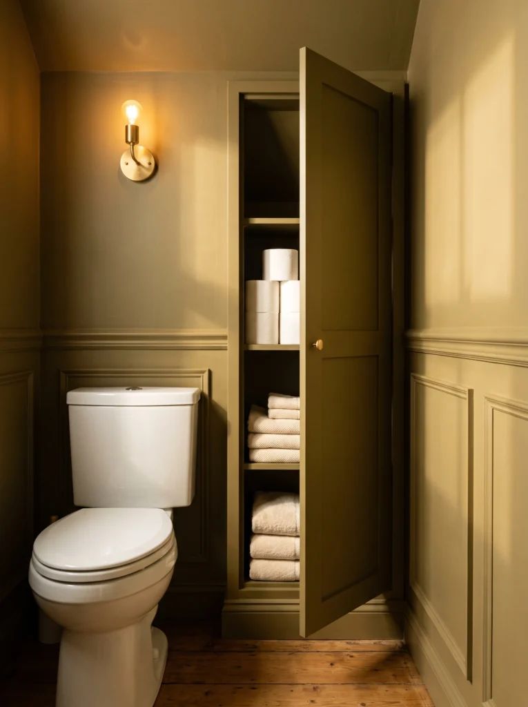 Olive green toilet room with panelled walls, tall built in linen cupboard holding towels and toilet paper, brass sconce