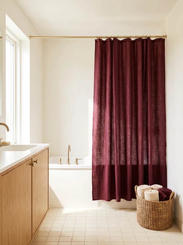 white bathroom with burgundy linen shower curtain, brass curtain rod, oak vanity, alcove bathtub, and wicker towel basket