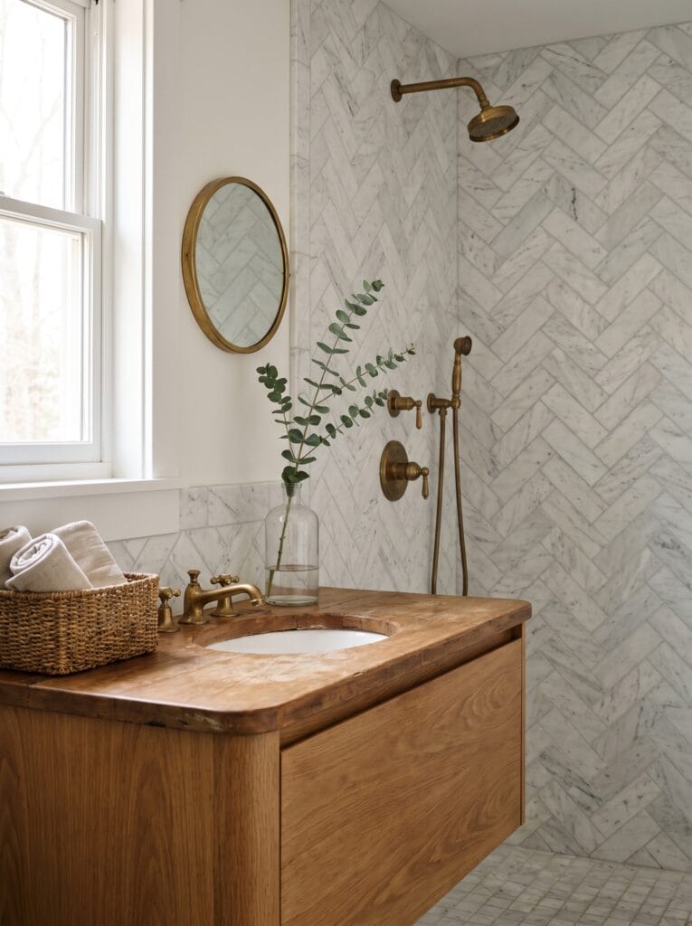 Bright bathroom with white marble herringbone shower tile, unlacquered brass shower head and handheld, floating live edge oak vanity, round brass mirror and eucalyptus in a glass bottle