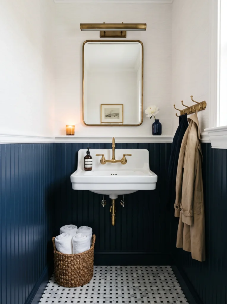 navy blue beadboard wainscot powder room with white wall mounted console sink, brass bridge faucet and marble basketweave floor
