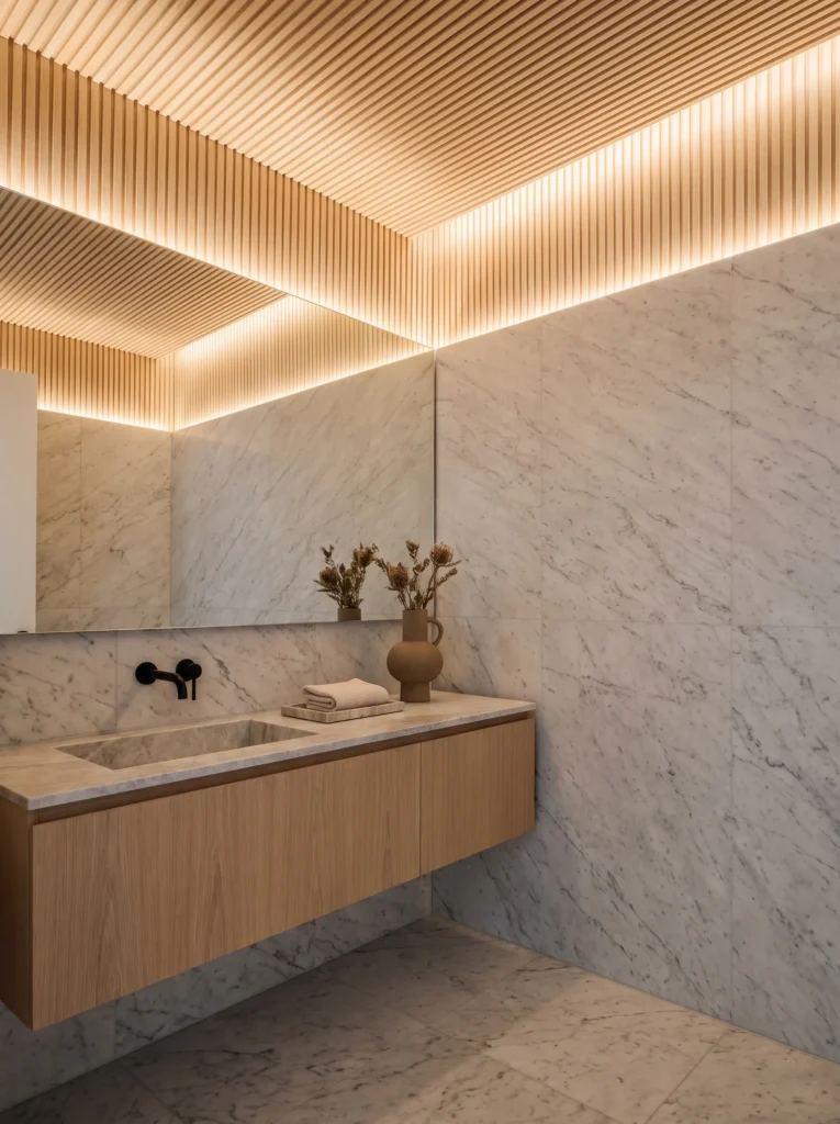 Modern marble bathroom with a slatted oak ceiling, cove lighting, full height marble wall tile and oak floating vanity
