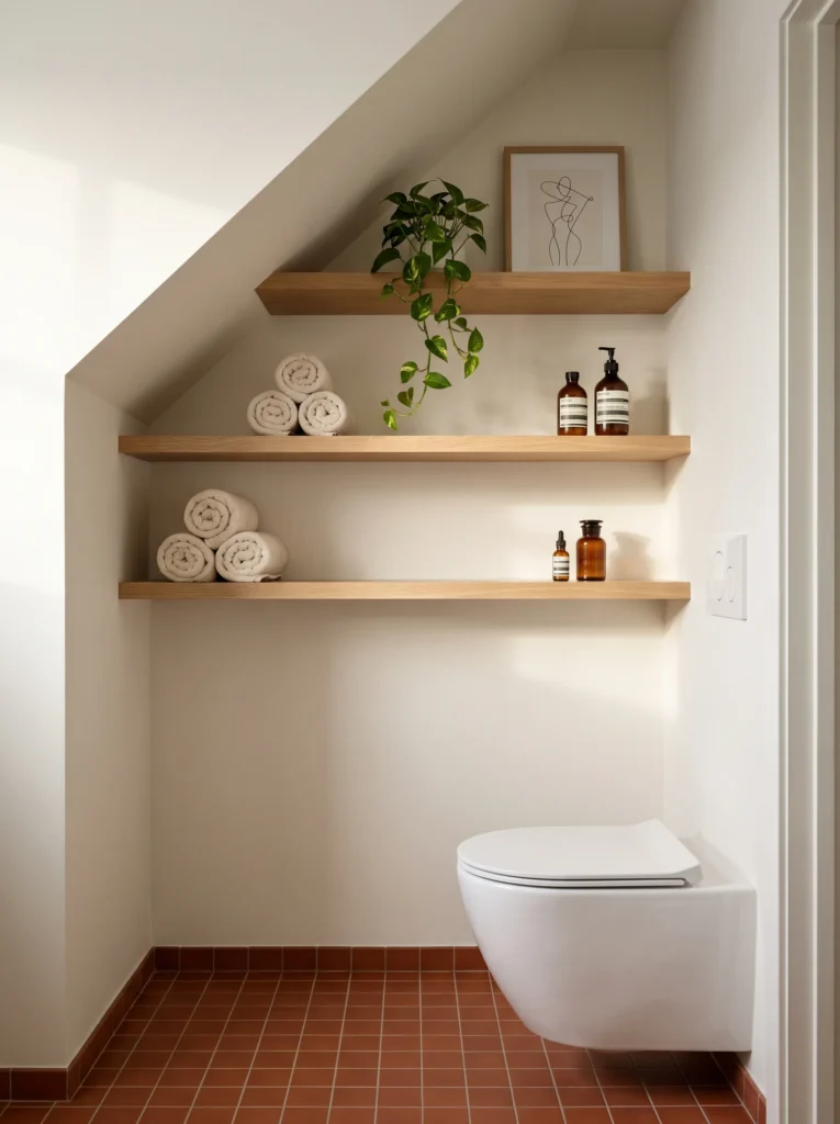 Wall-hung toilet in an attic alcove with three staggered oak floating shelves cut to follow the ceiling slope, holding rolled towels, plants and amber bottles