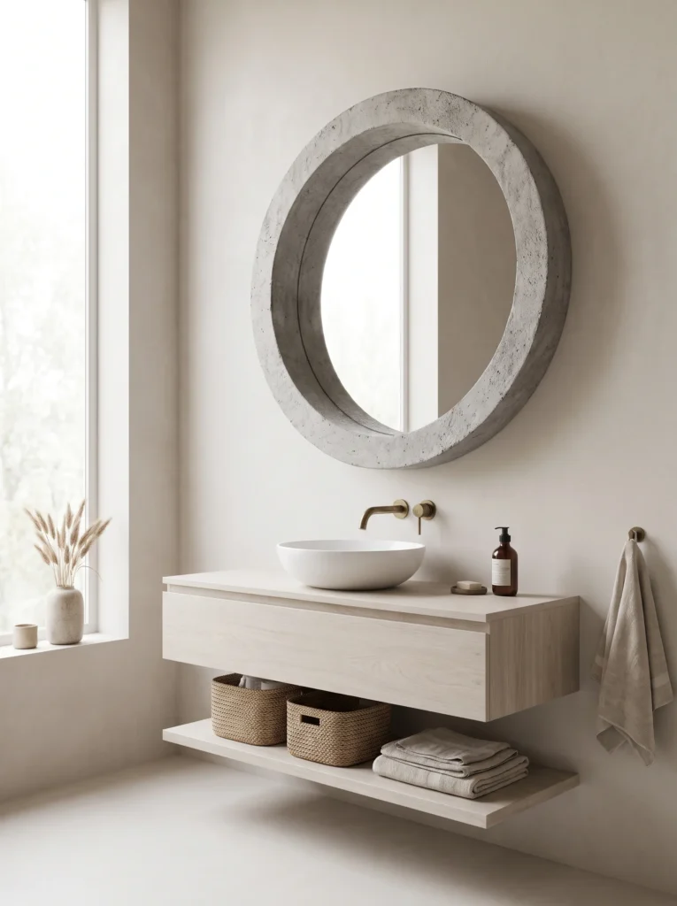 thick round concrete framed mirror on a pale plaster wall above a whitewashed oak floating vanity with white vessel bowl