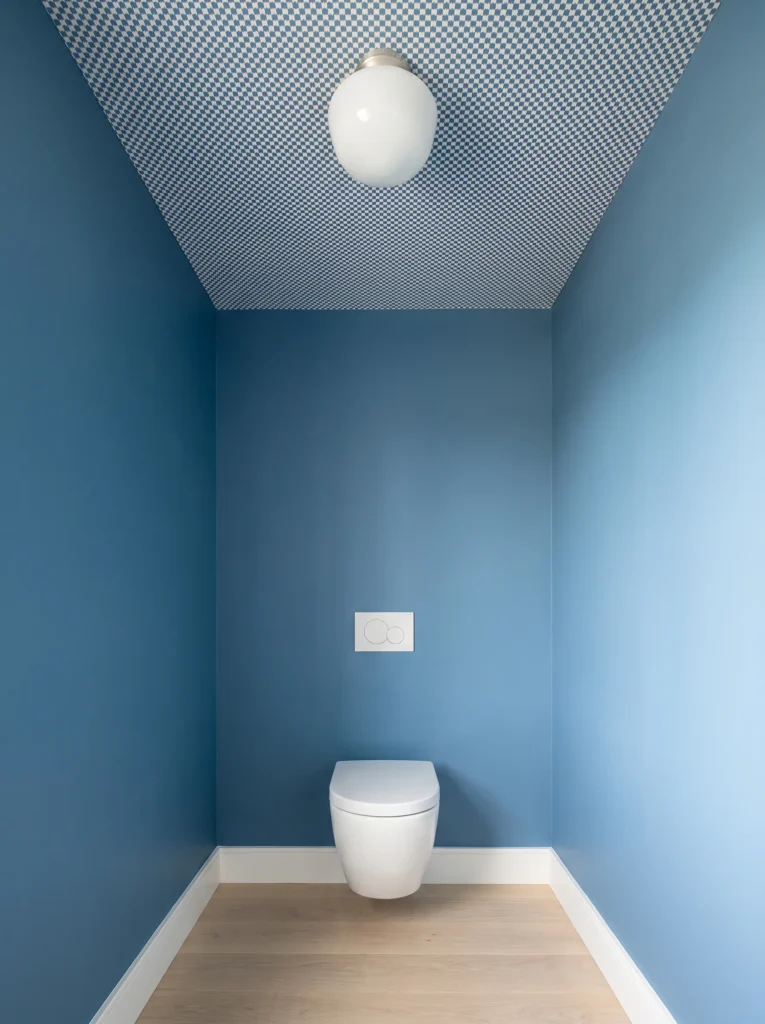 Blue toilet room with checkered wallpaper on the ceiling, opal glass flush light and wall hung toilet