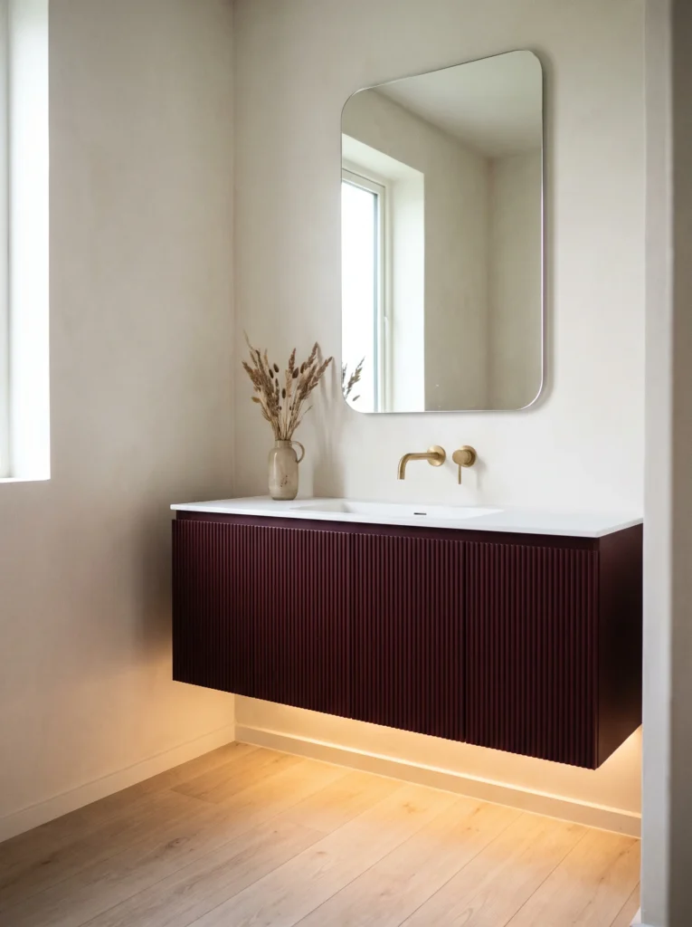 burgundy fluted floating vanity with white countertop, brass wall tap, rounded mirror, and warm under-cabinet lighting