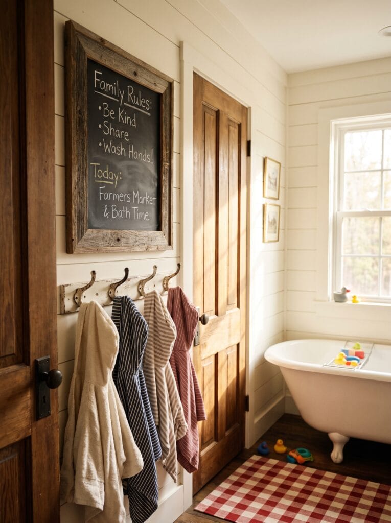 Cream shiplap family bathroom with a framed chalkboard reading family rules, four cast iron hooks holding hooded towels, a wood door, clawfoot tub with bath toys and a red checkered rug