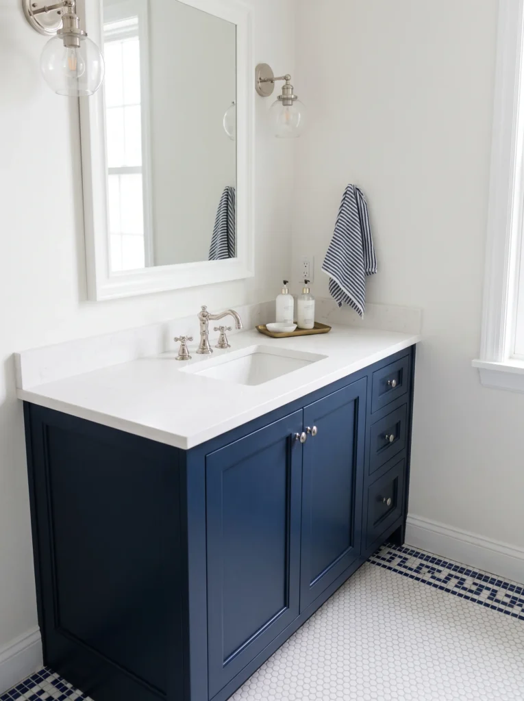 navy blue shaker vanity with white quartz countertop, polished nickel faucet and white penny tile floor with navy border