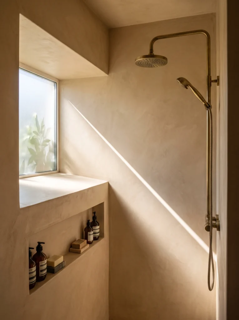 blush beige microcement shower with window ledge, low recessed niche holding amber bottles and aged brass shower