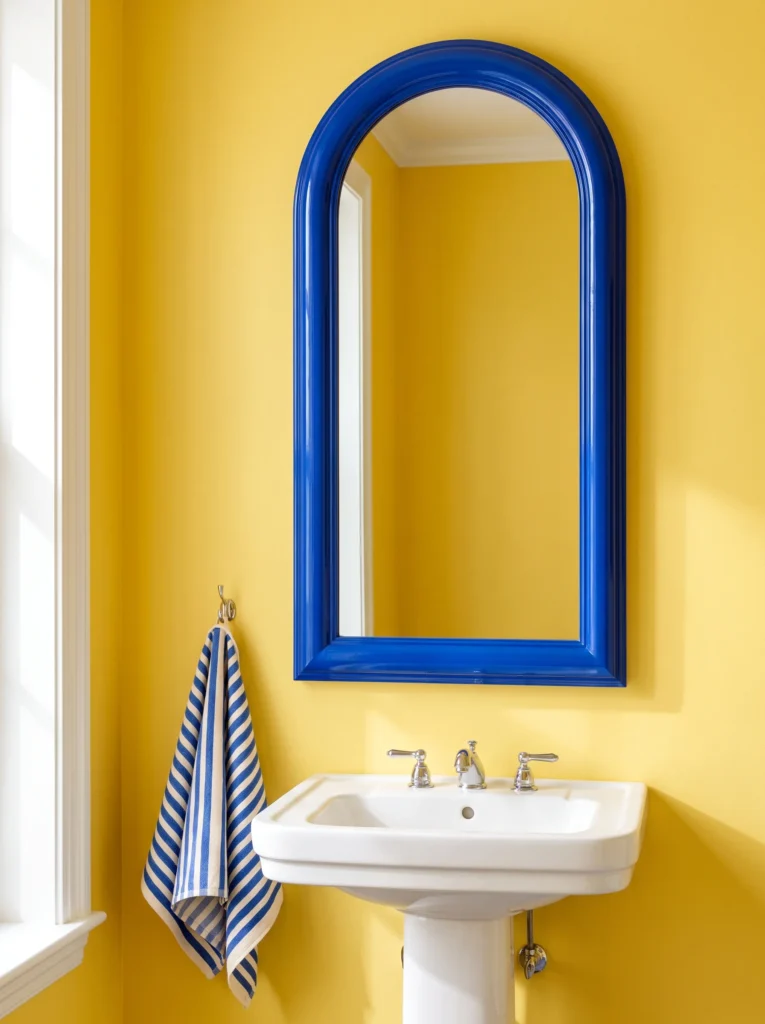high gloss cobalt blue arched mirror hanging on a bright yellow wall above a white pedestal sink with striped towel