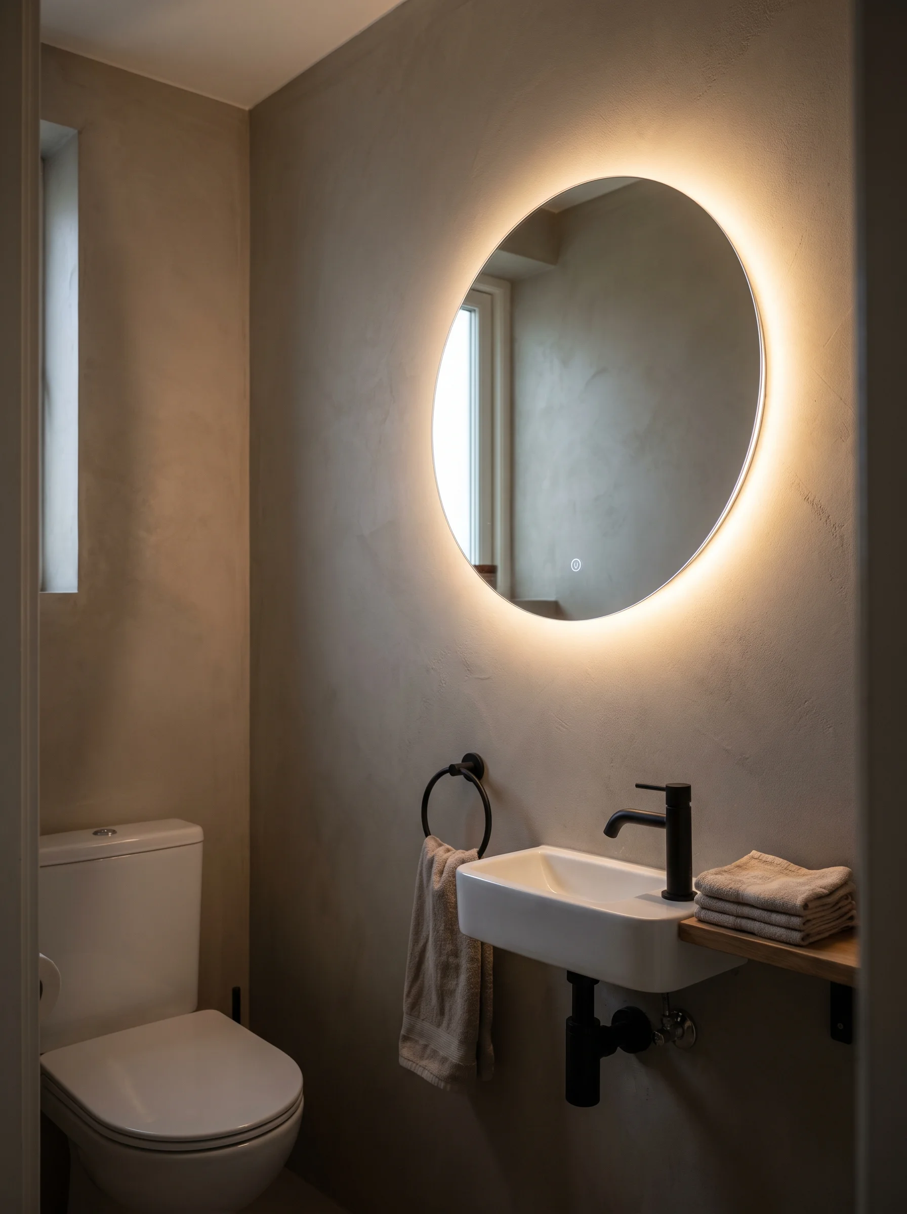 Beige plaster powder room with round backlit LED mirror, small white basin, black tapware and wooden shelf