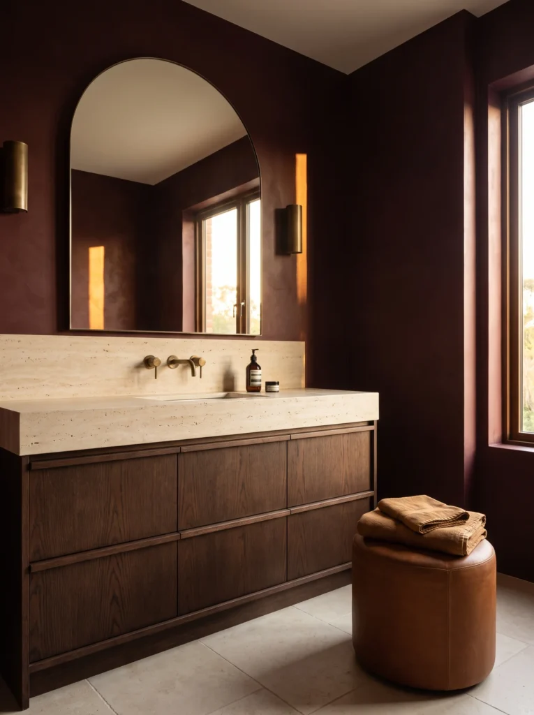 burgundy limewash walls with arched mirror, travertine countertop and backsplash, dark oak drawers, and brass tube sconces