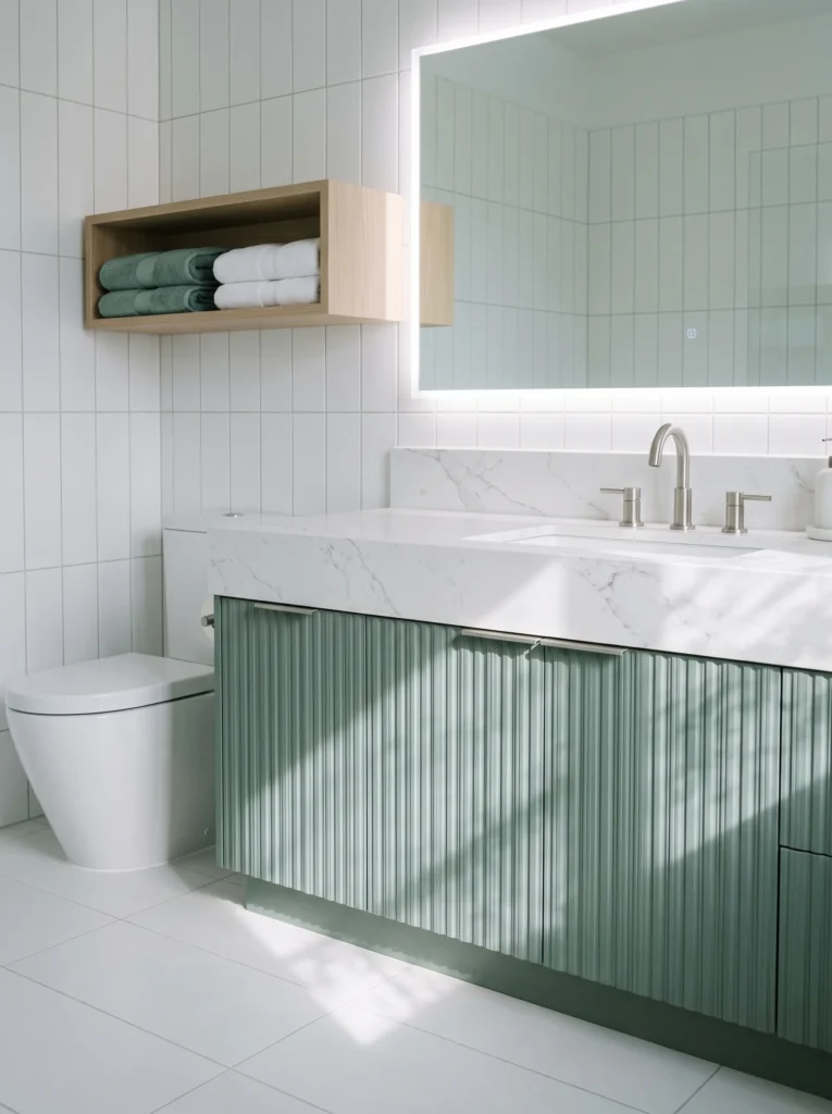 white tiled bathroom with sage green fluted vanity, white marble waterfall counter and backlit LED mirror