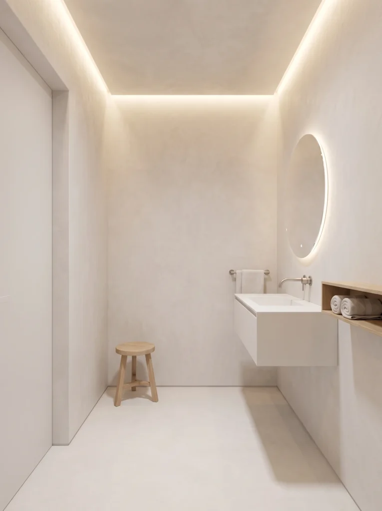 bright white microcement bathroom with cove ceiling lighting, backlit round mirror, floating vanity and oak niche