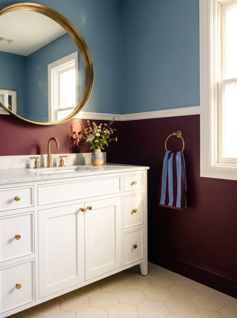 bathroom with dusty blue upper wall and burgundy lower wall divided by white chair rail, gold round mirror, and white vanity