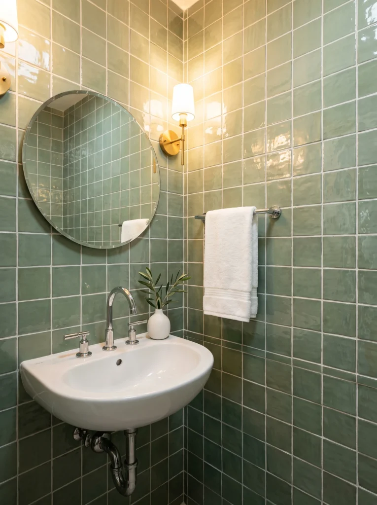 celadon green glossy square tile covering full bathroom walls with white wall mounted sink and round mirror