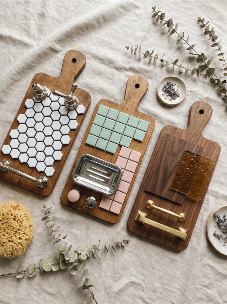 three vintage bathroom style boards showing 1920s black and white tile, 1940s mint green fixtures, and 1960s walnut and brass