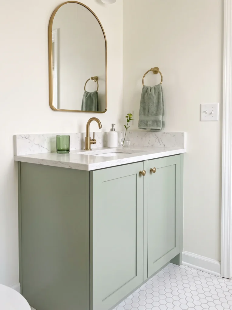 sage green shaker vanity with white marble quartz countertop, brass arched mirror and white hexagon floor tile