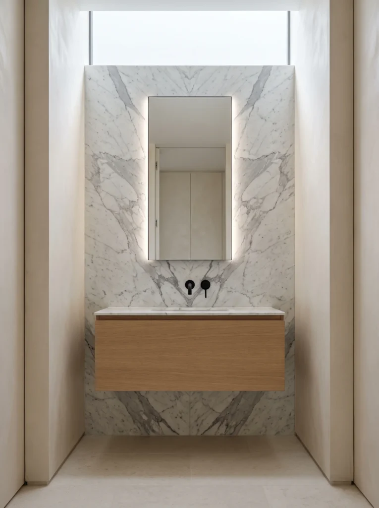 Narrow bathroom alcove with bookmatched Carrara marble wall, backlit mirror, white oak floating vanity and black wall-mounted faucet