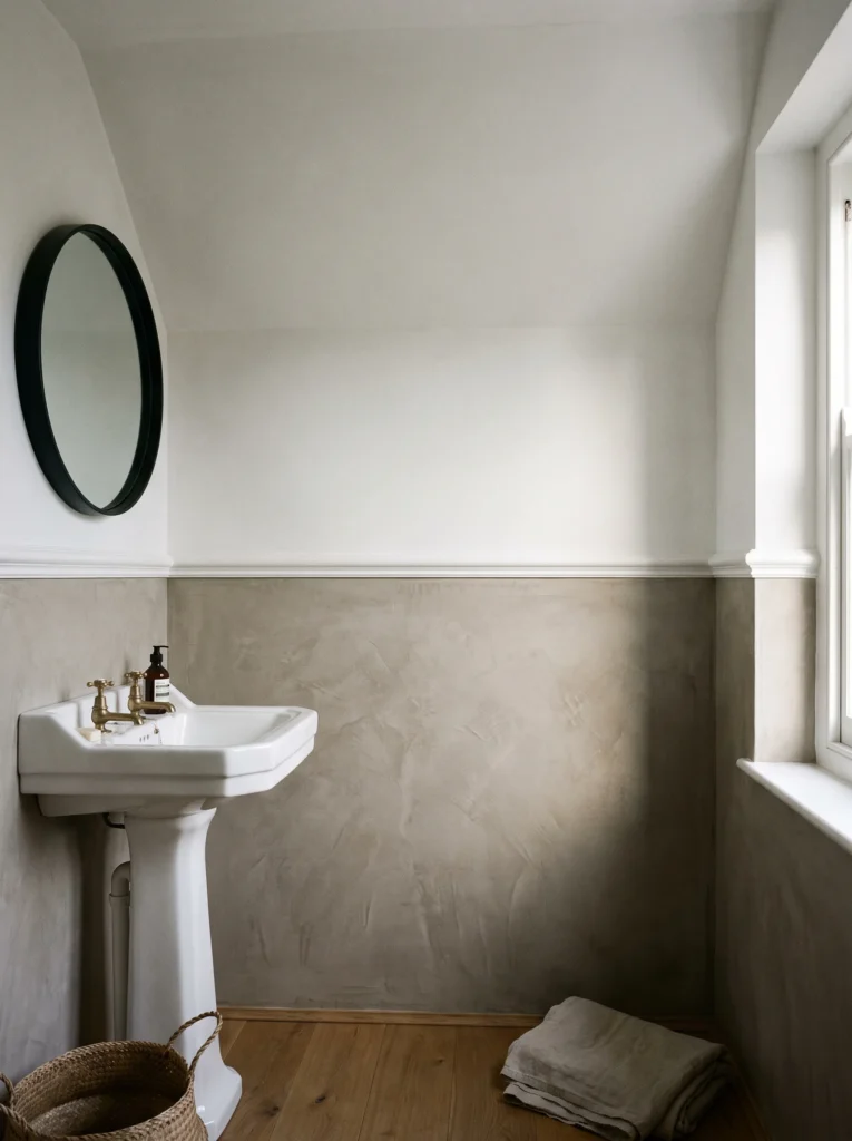 greige microcement lower wall with white dado rail, vintage pedestal sink and black round mirror