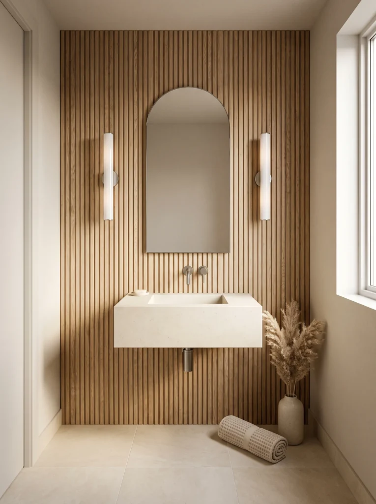 powder room with vertical fluted oak wall panels, arched mirror, white stone wall-hung sink and two tube sconces
