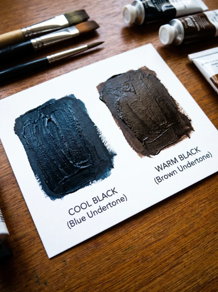 two black paint swatches side by side on a white card showing cool blue and warm brown undertones