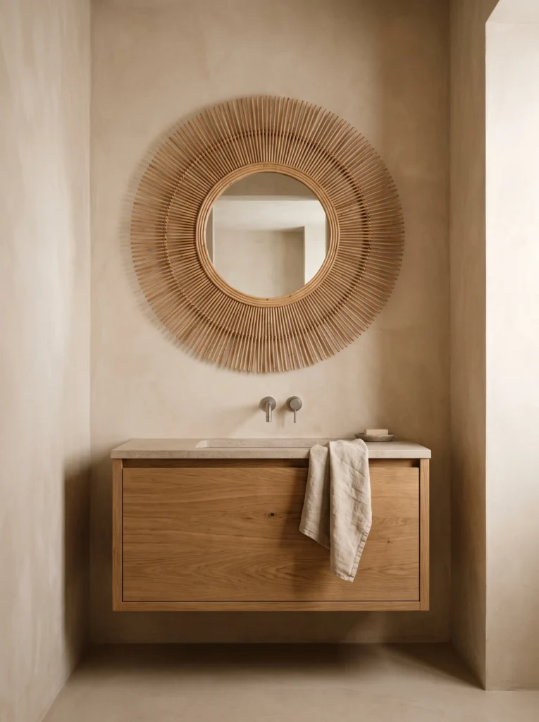 round rattan sunburst mirror on beige microcement wall above an oak floating vanity with integrated stone sink