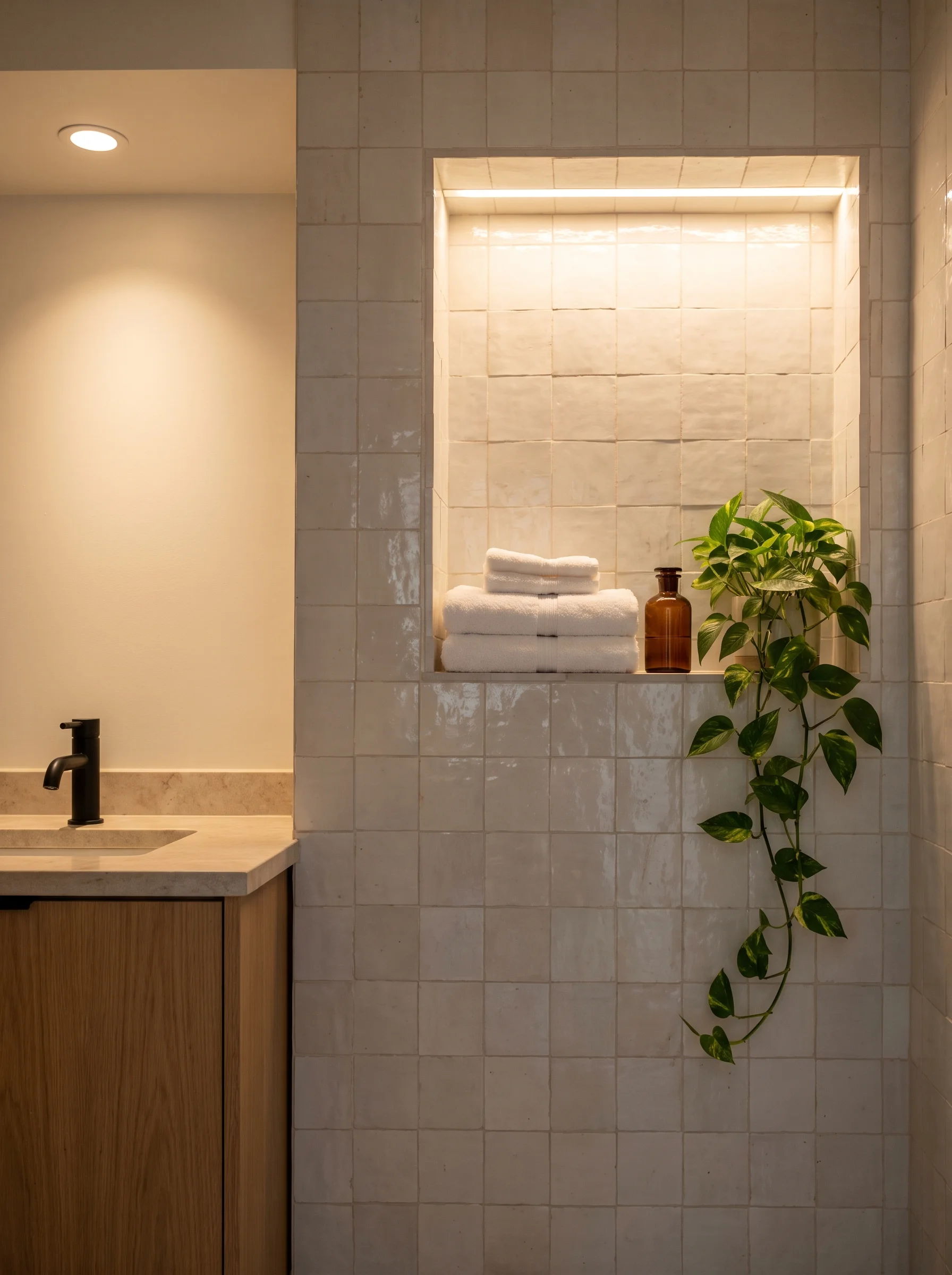 white zellige tile wall with a large recessed niche lit by an LED strip, stacked white towels and a trailing pothos