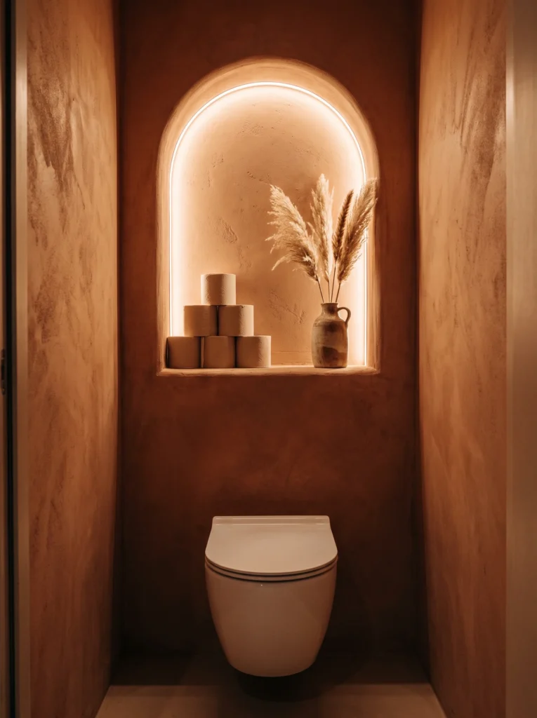 Terracotta plaster toilet room with backlit arched wall niche holding stacked toilet paper and a rustic vase of pampas