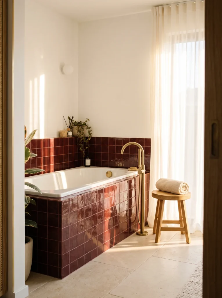 alcove bathtub with glossy burgundy square tile surround and skirt, gold floor-mounted tub filler, wooden stool, and sheer curtain