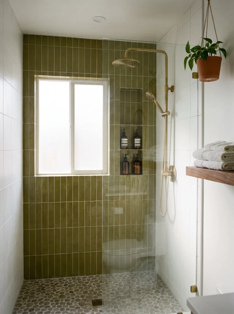 olive green vertical stacked tile shower wall with brass shower system, pebble floor and frosted window