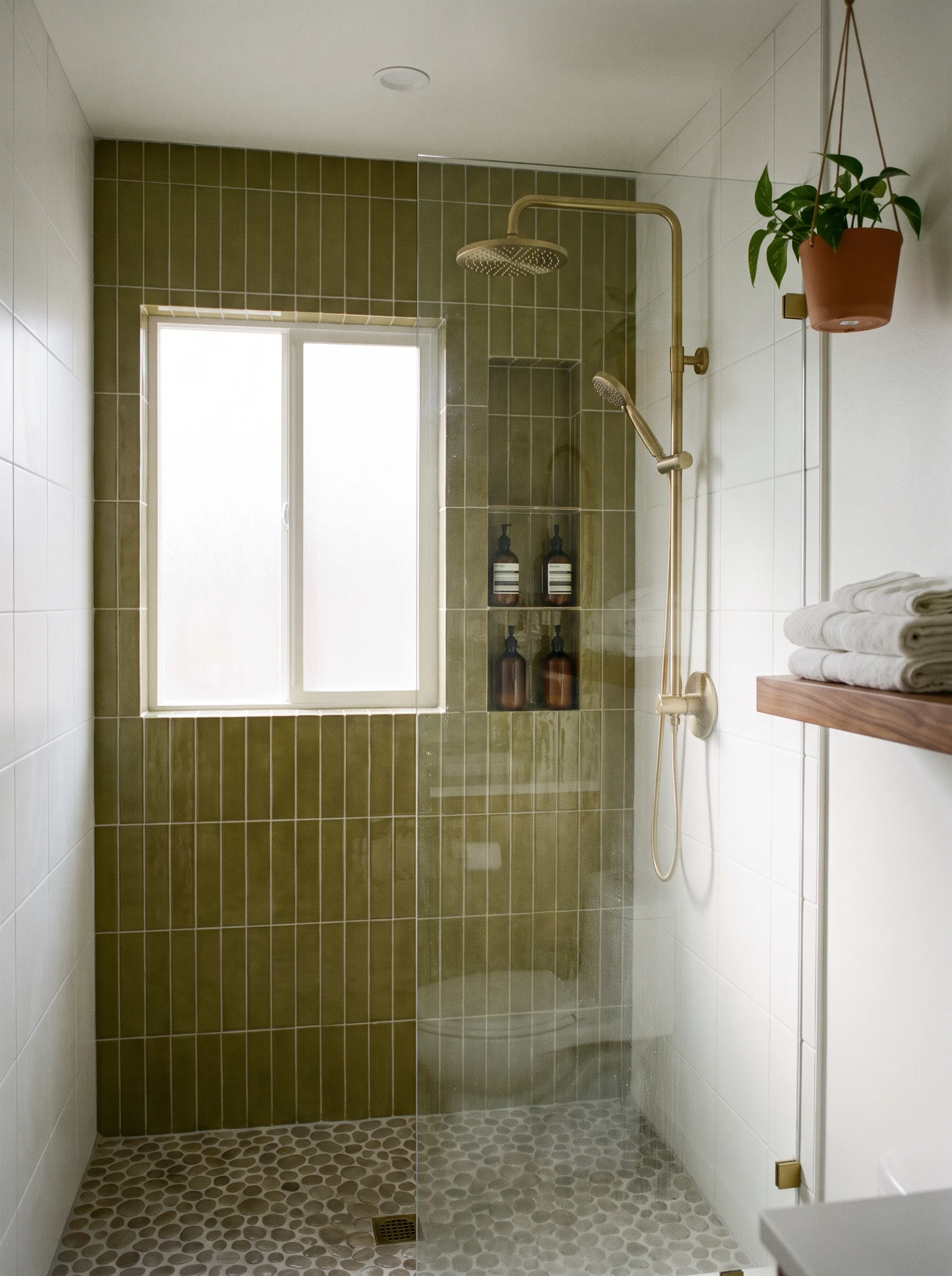 olive green vertical stacked tile shower wall with brass shower system, pebble floor and frosted window