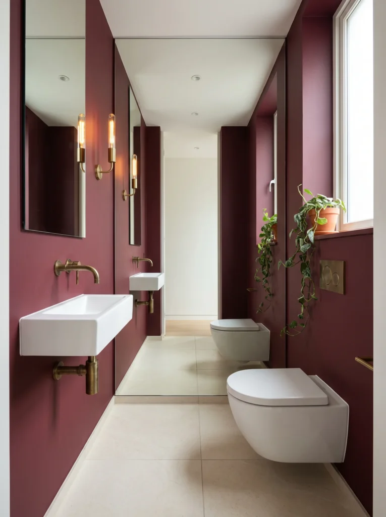 narrow burgundy powder room with mirrored wall, brass sconces, white wall-hung basin, wall-hung toilet, and trailing pothos