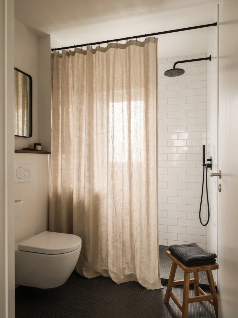 Compact upstairs bathroom with a floor-to-ceiling oatmeal linen shower curtain on a black rail, white subway tile, wall-hung toilet, charcoal mosaic floor and oak stool