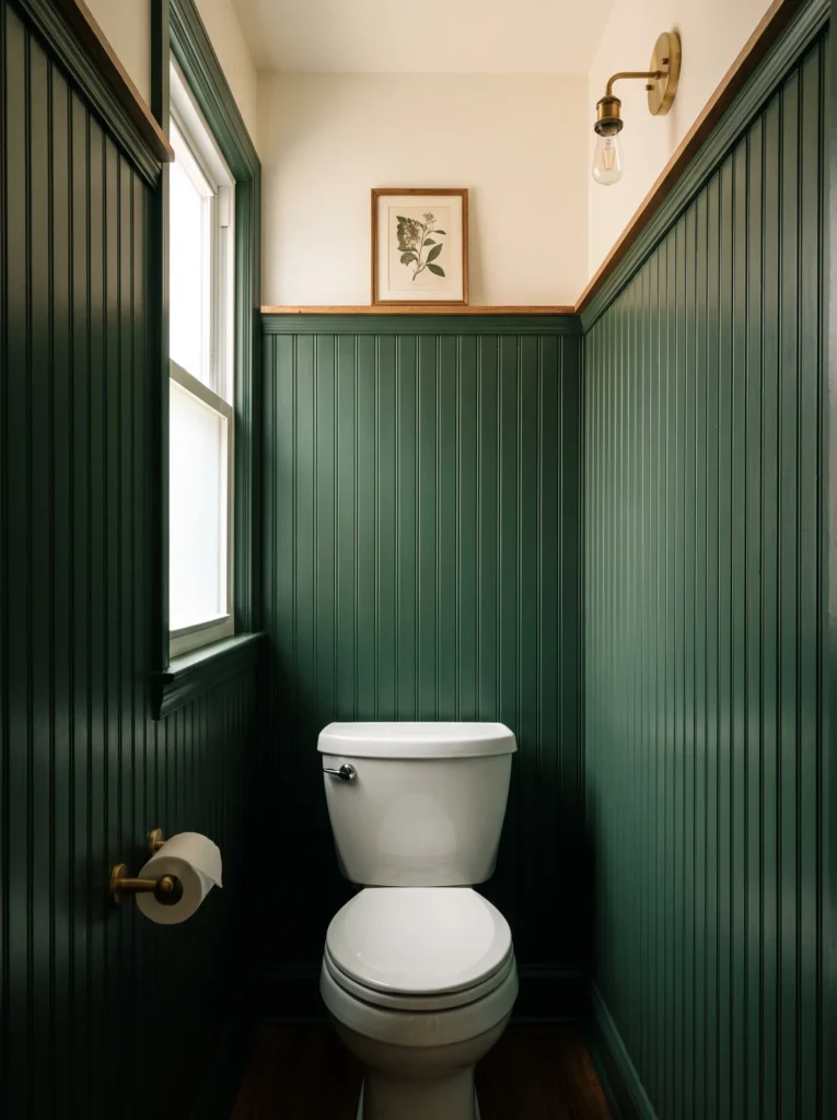 Narrow toilet room with dark green beadboard walls, oak cap shelf, small botanical print and brass sconce