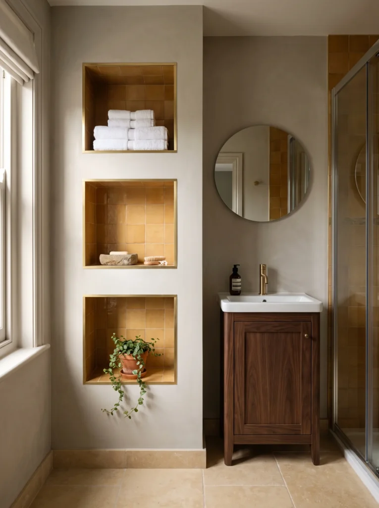 Neutral plaster upstairs bathroom with three recessed wall niches lined in warm ochre tile and trimmed in brass, holding towels, soap and a trailing plant