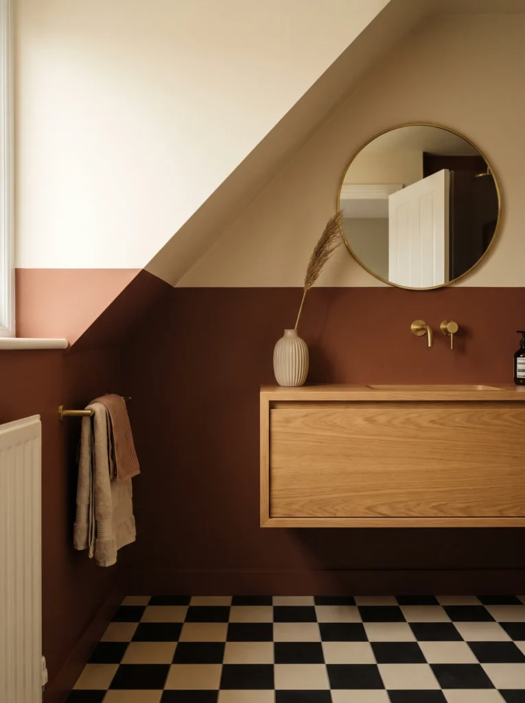 Upstairs bathroom painted in two tones with cream above and deep clay brown below, split along the ceiling slope, with an oak floating vanity and checkerboard floor