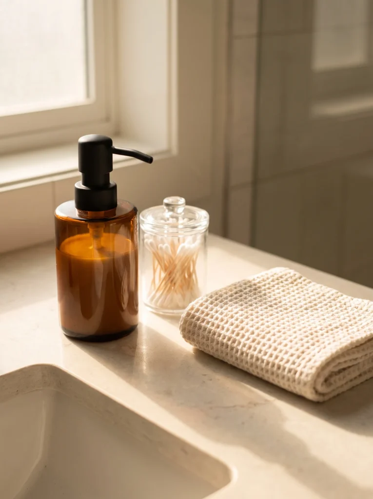 bathroom counter with amber glass soap dispenser and small lidded jar, no branded plastic bottles in sight