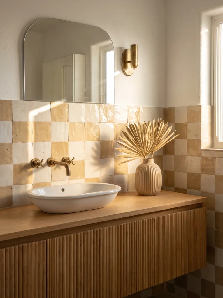 beige and cream checkerboard zellige tile backsplash with fluted oak vanity and white oval sink