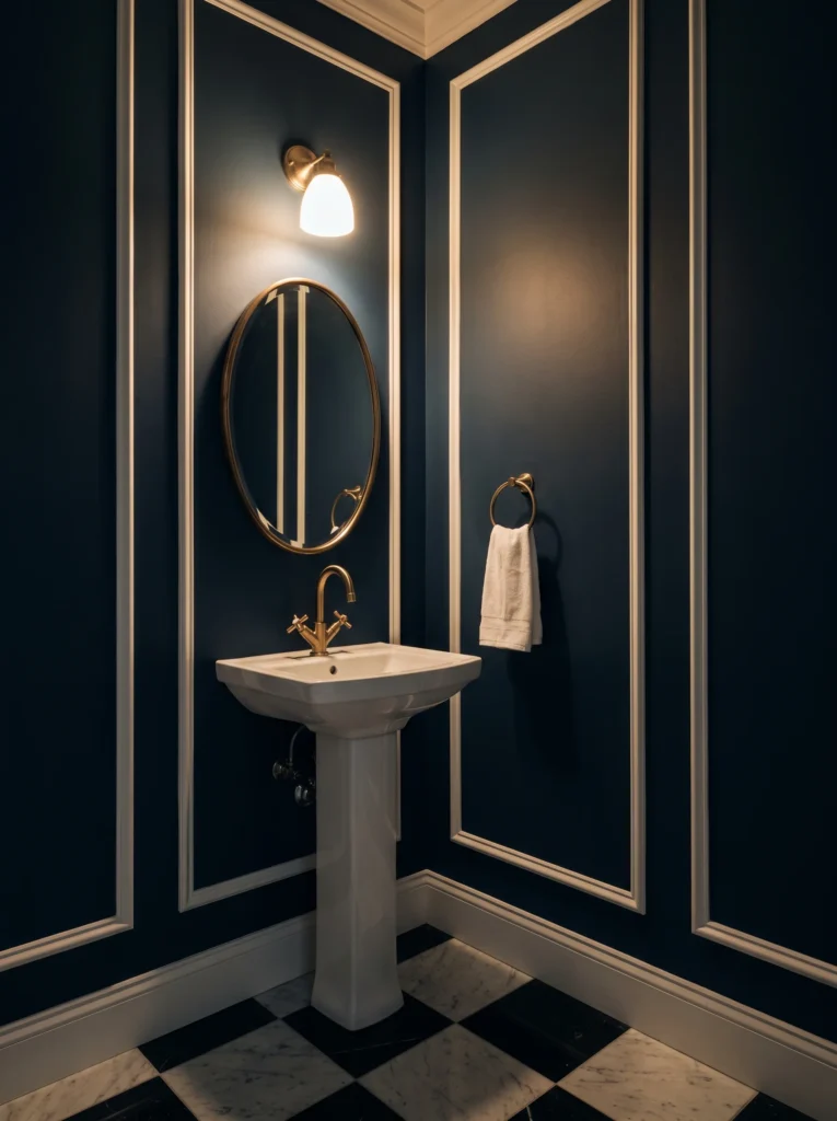 Navy blue powder room with cream picture frame molding, oval brass mirror, pedestal sink and black and white checkerboard marble floor