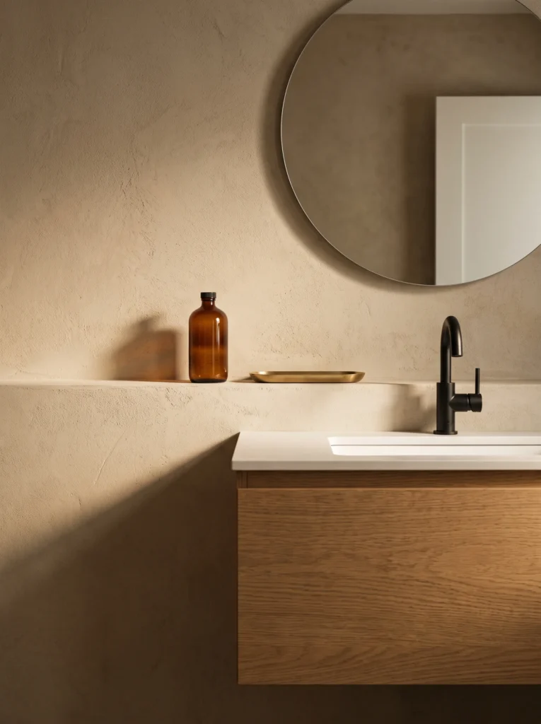 sand colored microcement bathroom wall with integrated ledge, oak floating vanity and round mirror