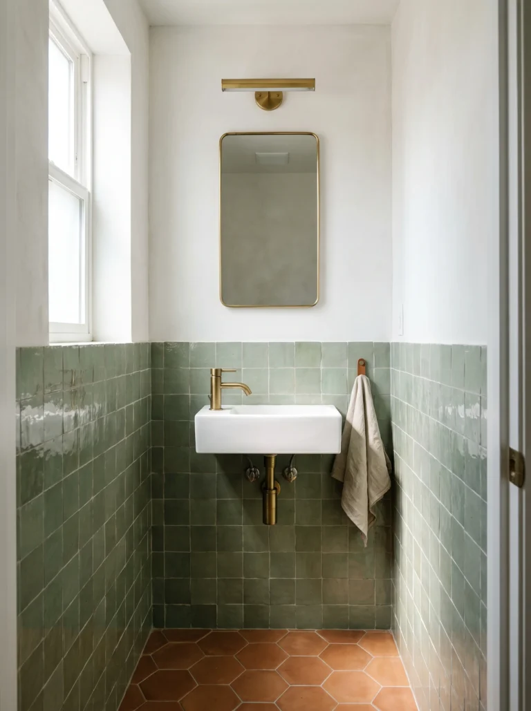 half bathroom with glossy green zellige tile wainscot, brass mirror, white wall-hung sink and terracotta hexagon floor tile