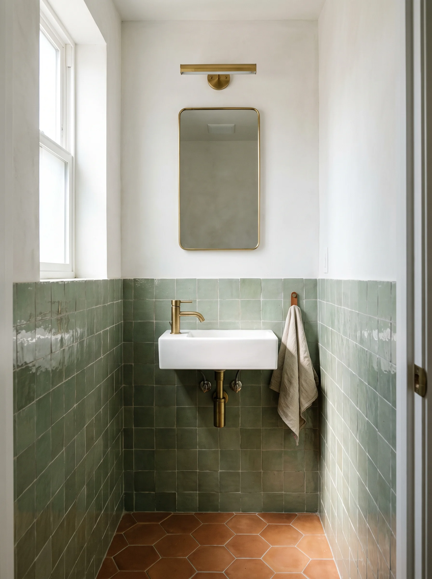 half bathroom with glossy green zellige tile wainscot, brass mirror, white wall-hung sink and terracotta hexagon floor tile