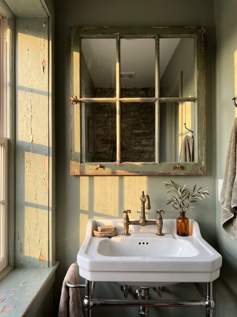Olive green bathroom with a salvaged multi pane window used as a mirror, white console sink on chrome legs, aged brass bridge faucet and olive branches in an amber bottle