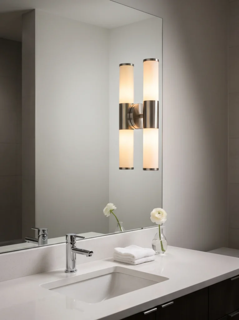 frameless bathroom mirror with a brushed nickel double cylinder sconce mounted directly on the glass surface